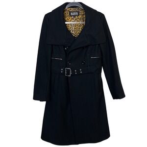 MARVIN Black Wool Blend Double Breasted Women's Moto Trench Coat‎ Size Medium